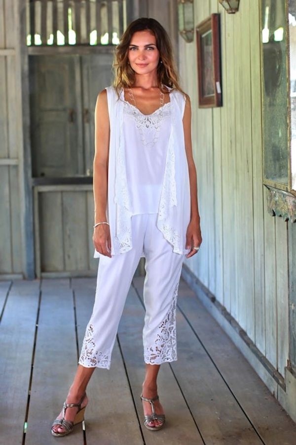 Alternate image for Floral Embroidered Rayon Pants in White from Bali White Padma Flower