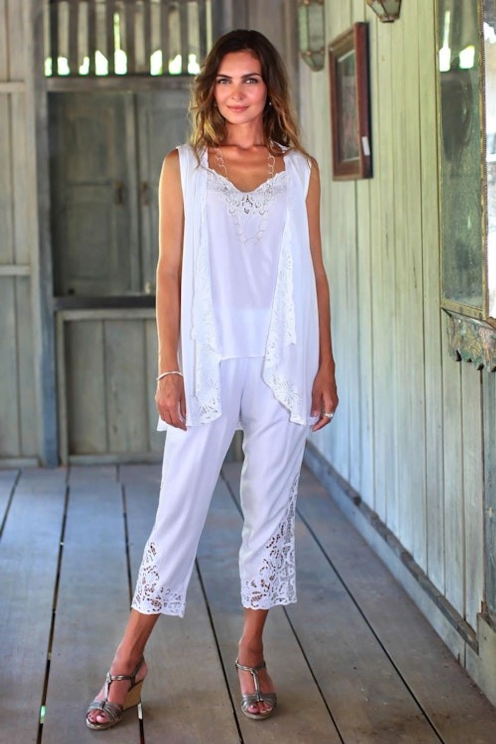 Floral Embroidered Rayon Pants in White from Bali 'White Padma Flower'
