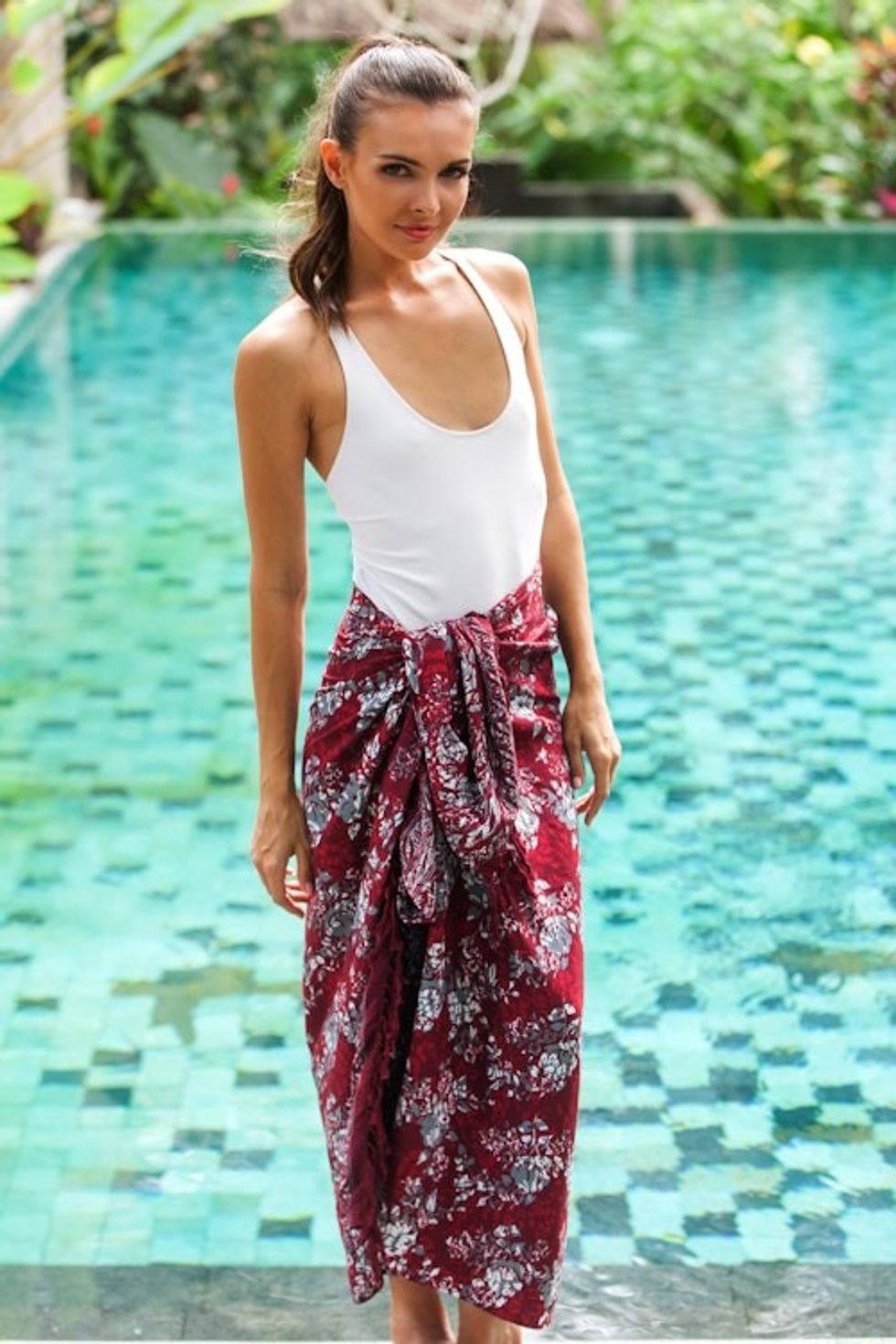 Red Floral Rayon Sarong with Hand Stamped Batik Pattern 'Tropical Garden in Claret'