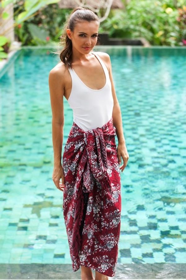 Alternate image for Red Floral Rayon Sarong with Hand Stamped Batik Pattern Tropical Garden in Claret