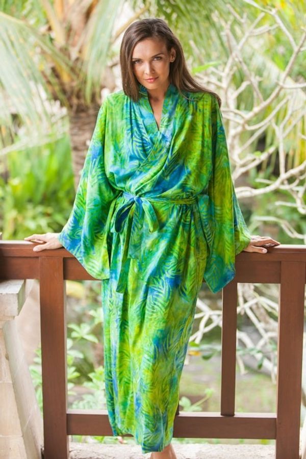 Alternate image for Blue and Green Rayon Batik Leafy Garden Long Sleeved Robe Leafy Haven