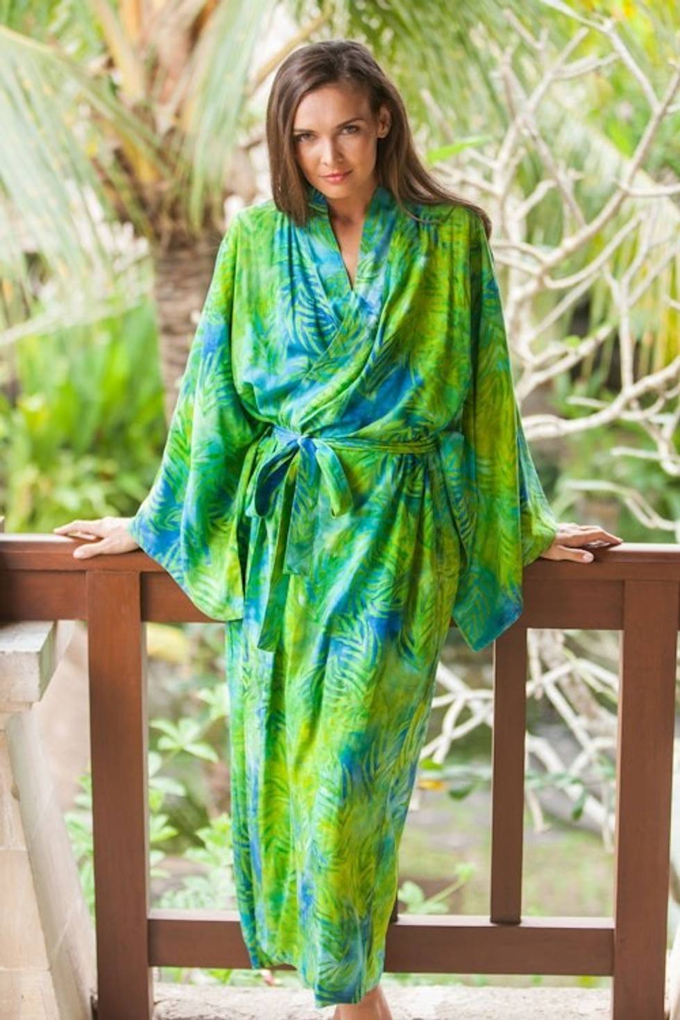 Blue and Green Rayon Batik Leafy Garden Long Sleeved Robe 'Leafy Haven'
