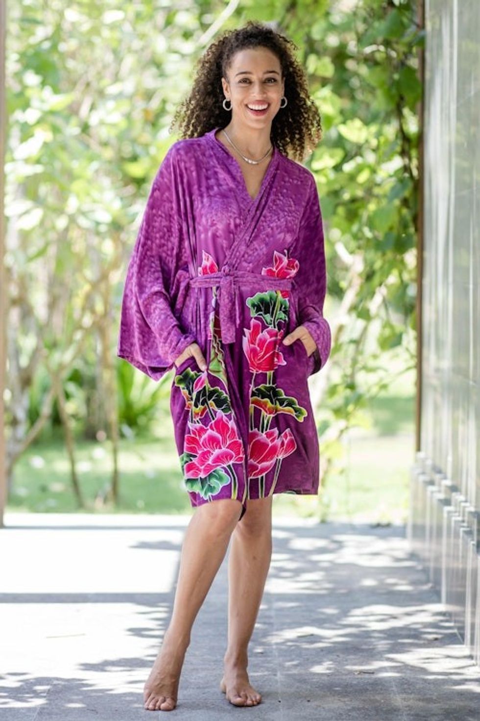 Hand-Painted Lotus Flower Rayon Robe 'Pink Lotus'