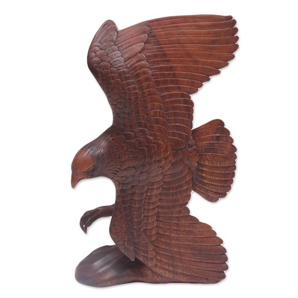 Alternate image for Hand Carved Realistic Wood Eagle Sculpture from Bali Flying Brown Eagle