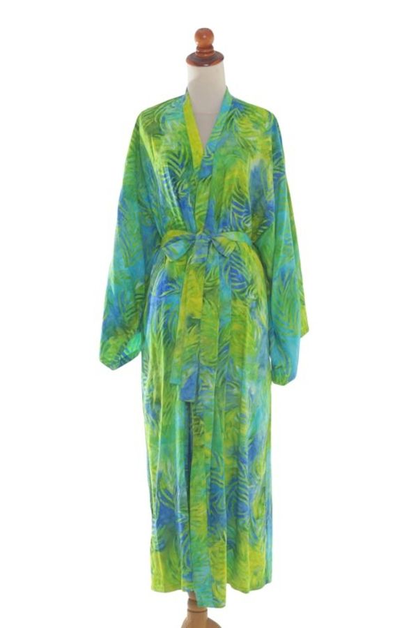 Alternate image for Blue and Green Rayon Batik Leafy Garden Long Sleeved Robe Leafy Haven