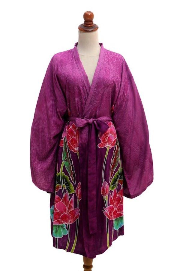 Alternate image for Hand-Painted Lotus Flower Rayon Robe Pink Lotus
