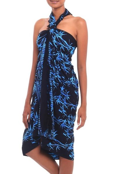 Alternate image for Batik Rayon Sarong in Black and Blue from Bali Leafy Memories