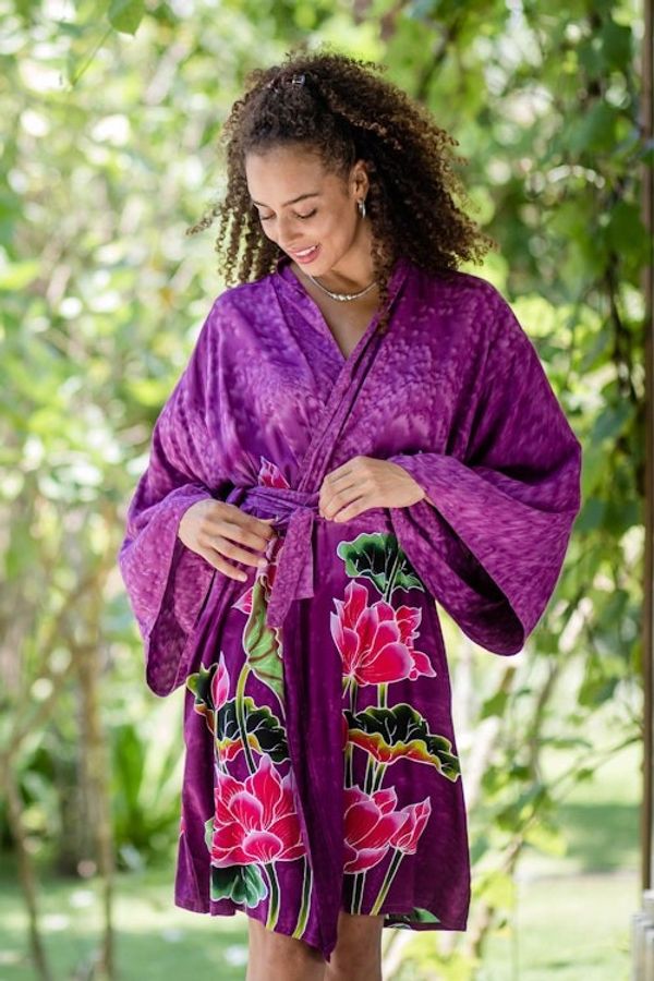 Alternate image for Hand-Painted Lotus Flower Rayon Robe Pink Lotus