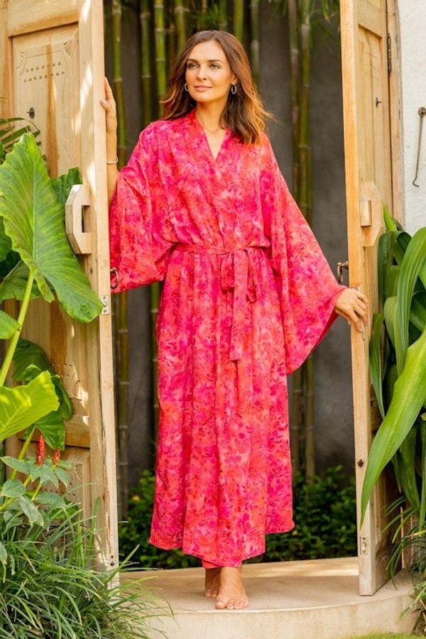 Alternate image for Batik Rayon Robe in Rose and Berry Pink from Bali Batik Blush