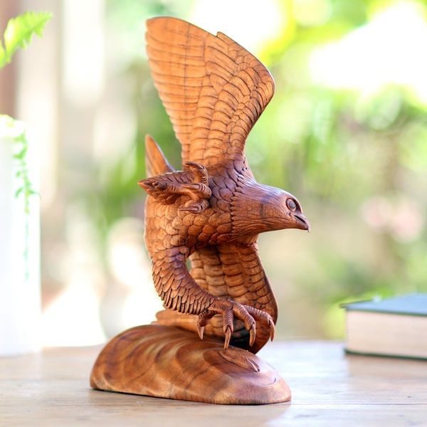 Alternate image for Hand Carved Realistic Wood Eagle Sculpture from Bali Flying Brown Eagle