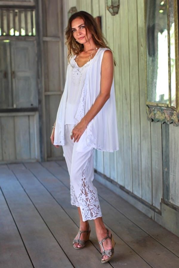 Alternate image for Floral Embroidered Rayon Pants in White from Bali White Padma Flower