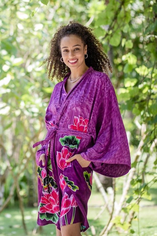Alternate image for Hand-Painted Lotus Flower Rayon Robe Pink Lotus