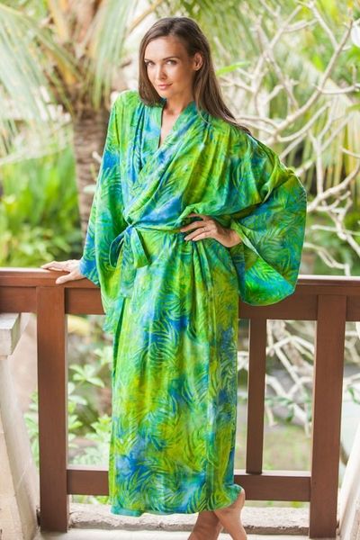 Alternate image for Blue and Green Rayon Batik Leafy Garden Long Sleeved Robe Leafy Haven