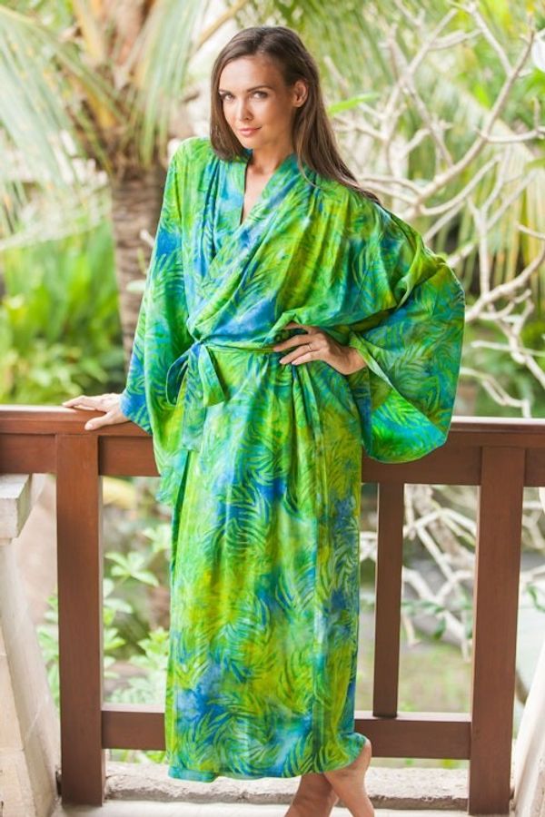 Alternate image for Blue and Green Rayon Batik Leafy Garden Long Sleeved Robe Leafy Haven