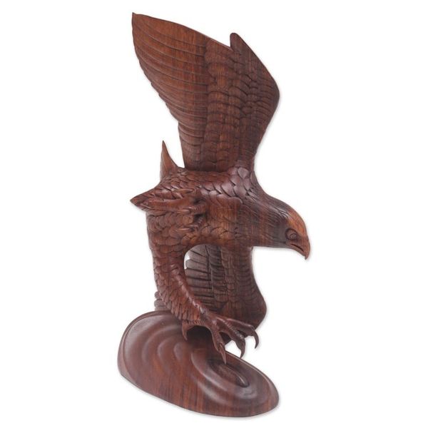 Alternate image for Hand Carved Realistic Wood Eagle Sculpture from Bali Flying Brown Eagle