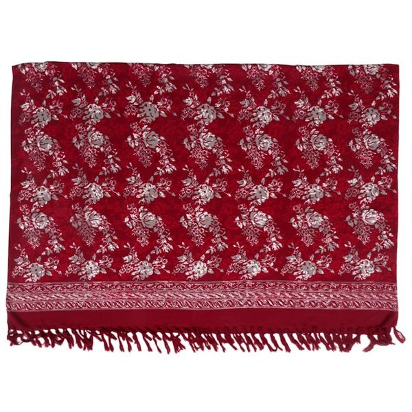 Alternate image for Red Floral Rayon Sarong with Hand Stamped Batik Pattern Tropical Garden in Claret