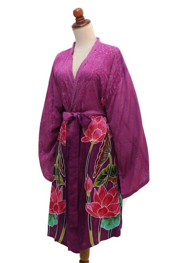 Alternate image for Hand-Painted Lotus Flower Rayon Robe Pink Lotus