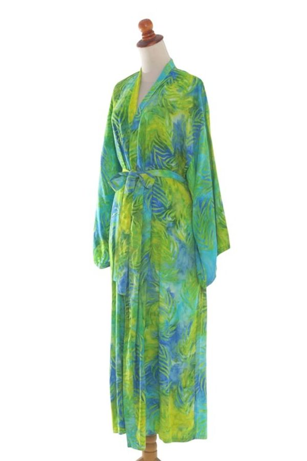 Alternate image for Blue and Green Rayon Batik Leafy Garden Long Sleeved Robe Leafy Haven