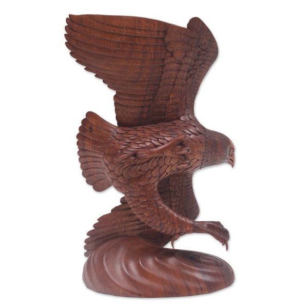 Alternate image for Hand Carved Realistic Wood Eagle Sculpture from Bali Flying Brown Eagle