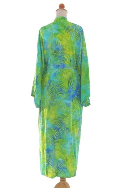Alternate image for Blue and Green Rayon Batik Leafy Garden Long Sleeved Robe Leafy Haven