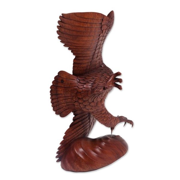 Alternate image for Hand Carved Realistic Wood Eagle Sculpture from Bali Flying Brown Eagle