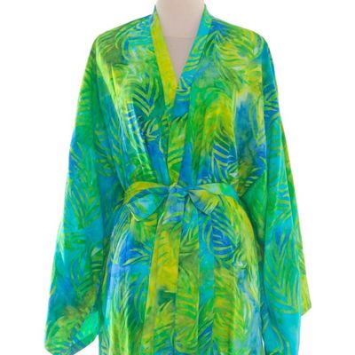 Alternate image for Blue and Green Rayon Batik Leafy Garden Long Sleeved Robe Leafy Haven