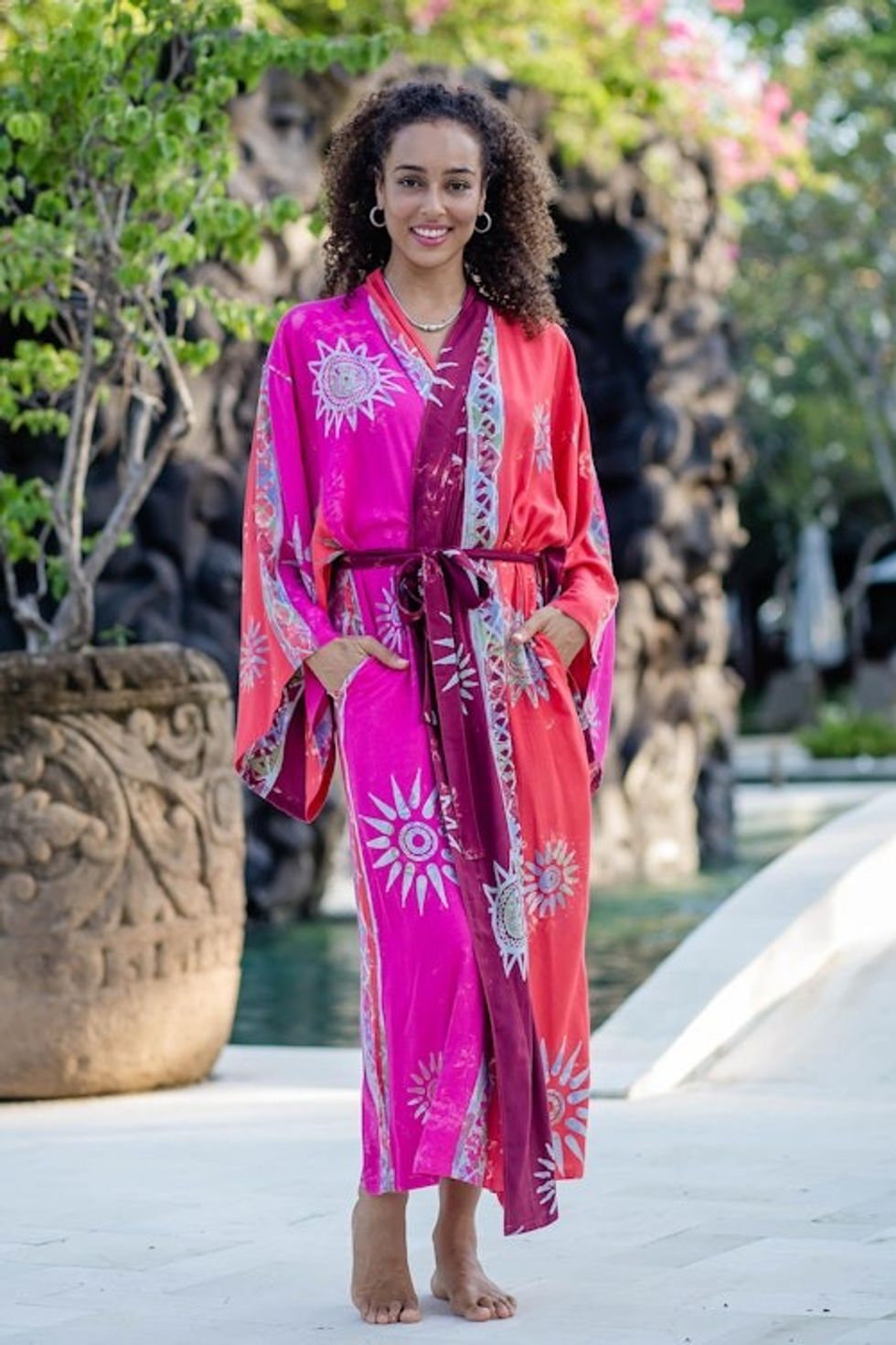 Hot Pink Batik Rayon Robe from Bali 'Bright Firework'