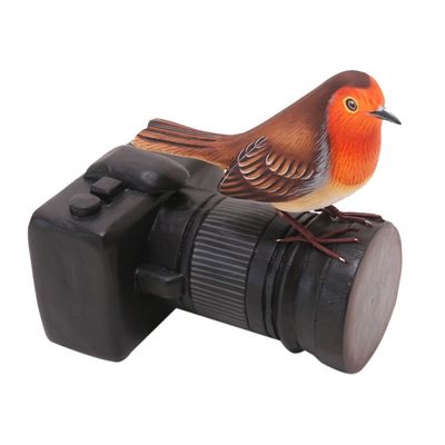 Alternate image for Suar Wood Bird Statuette with Camera Motif Robins Photo Shoot