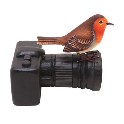 Alternate image for Suar Wood Bird Statuette with Camera Motif Robins Photo Shoot