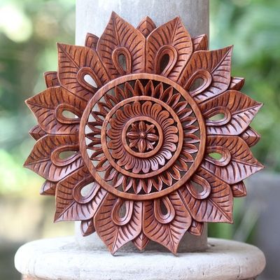 Alternate image for Floral Motif Artisan Hand Carved Wood Relief Panel Sunflower