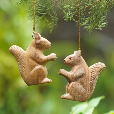 Alternate image for Pair of Wood Squirrel Ornaments Hand-Carved in Bali Wise Squirrels