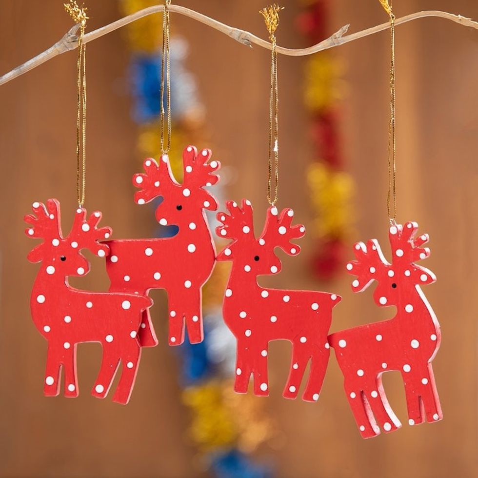 4 Hand-Painted Red White Wood Reindeer Christmas Ornaments 'Cheerful Polka Dot Reindeer'