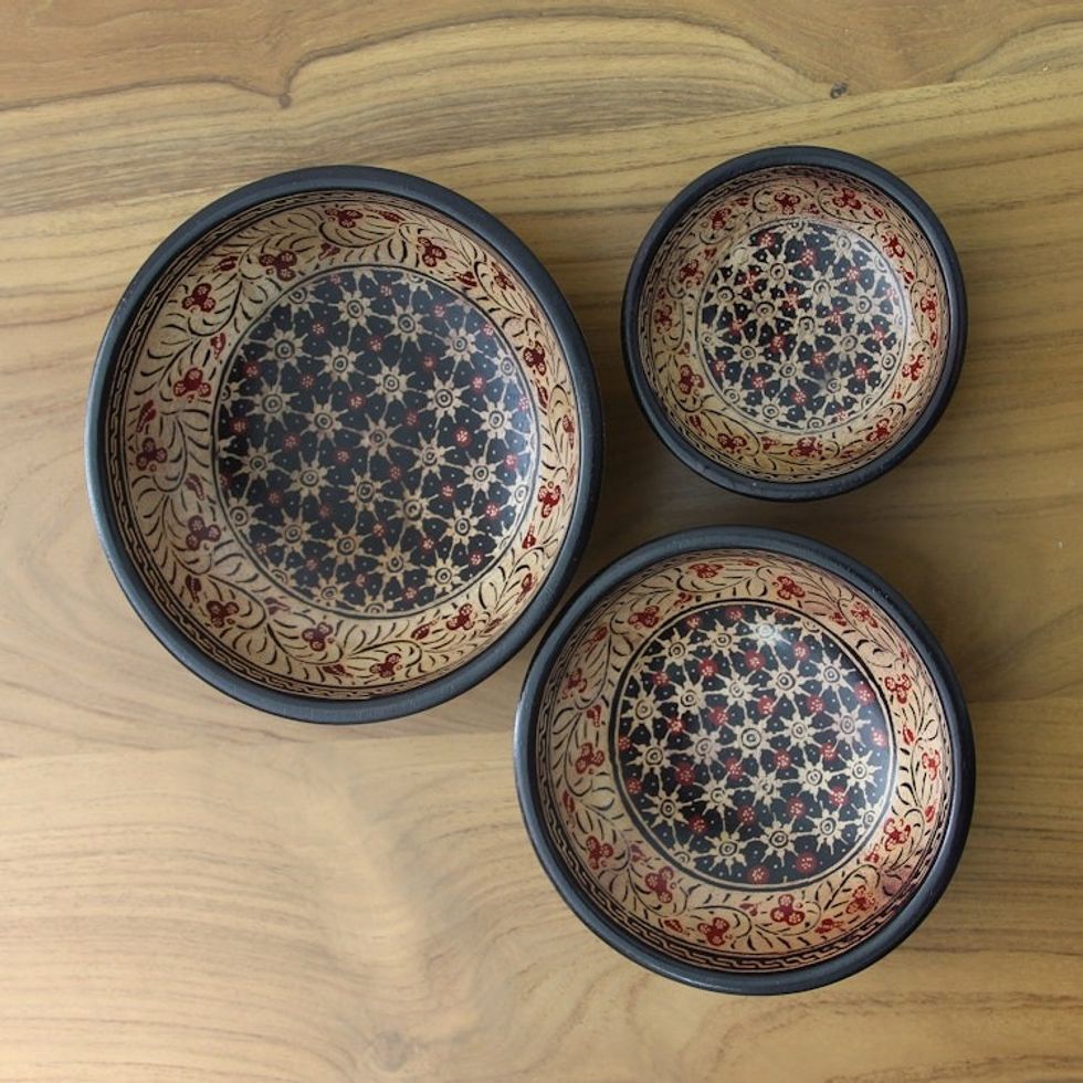 Handmade Indonesian Batik Decorative Bowls Set of 3 'Jasmine Bud'
