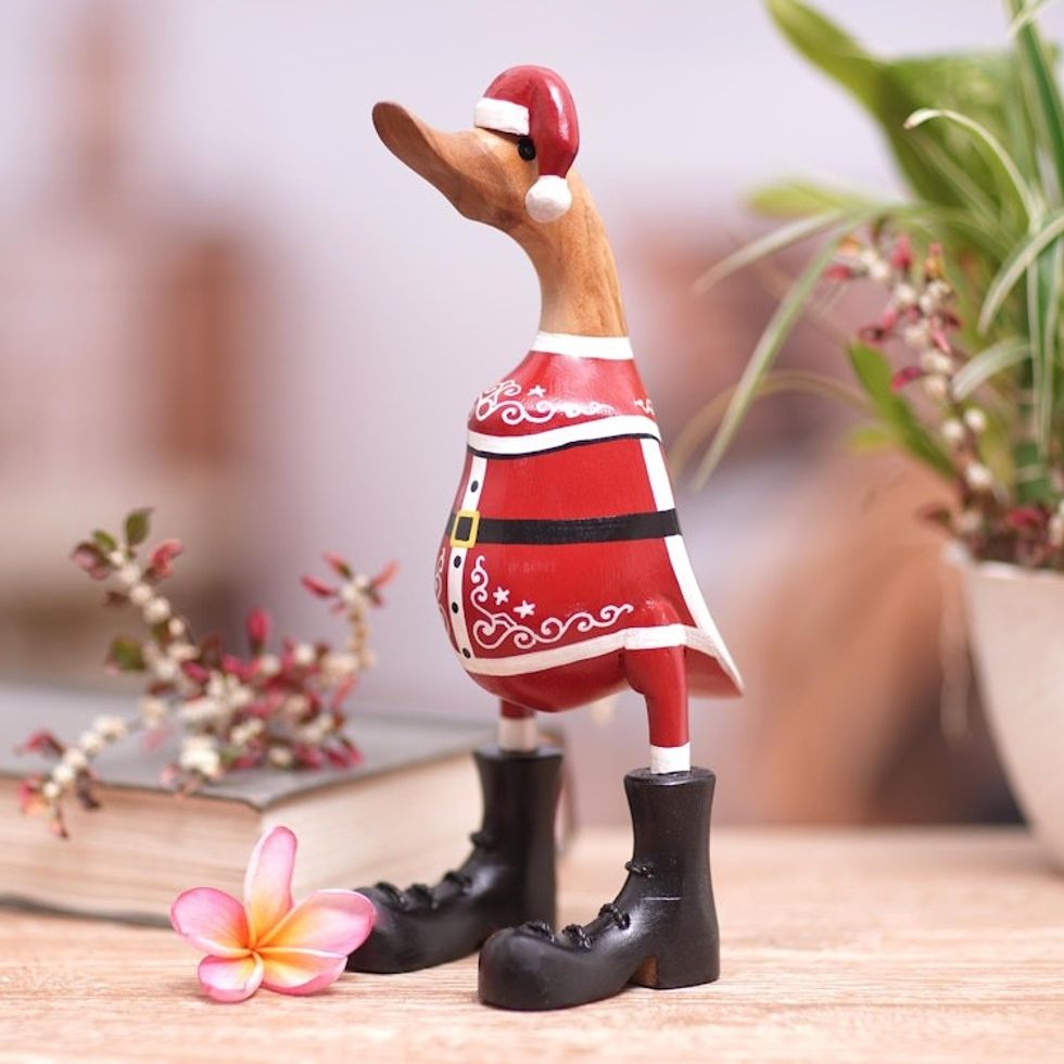 Hand-Crafted Bamboo Root and Teak Wood Santa Duck Figurine 'Noel Duck'