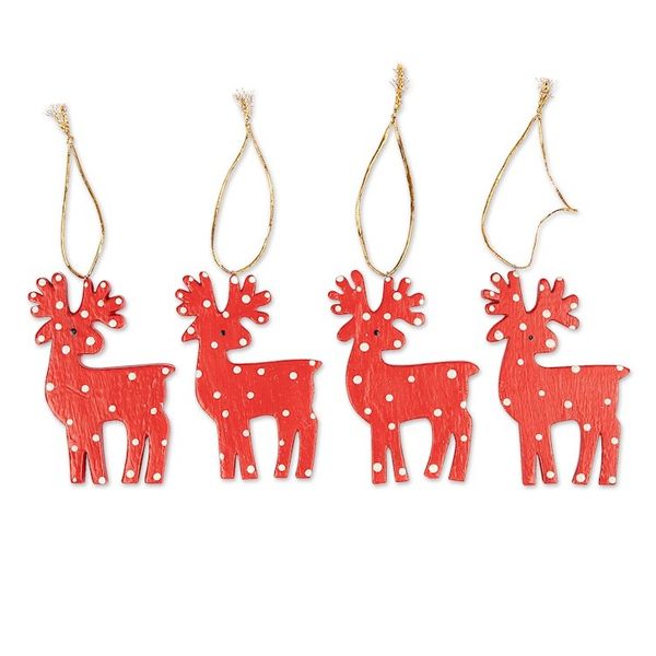 Alternate image for 4 Hand-Painted Red  White Wood Reindeer Christmas Ornaments Cheerful Polka Dot Reindeer