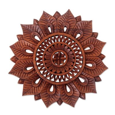 Alternate image for Floral Motif Artisan Hand Carved Wood Relief Panel Sunflower