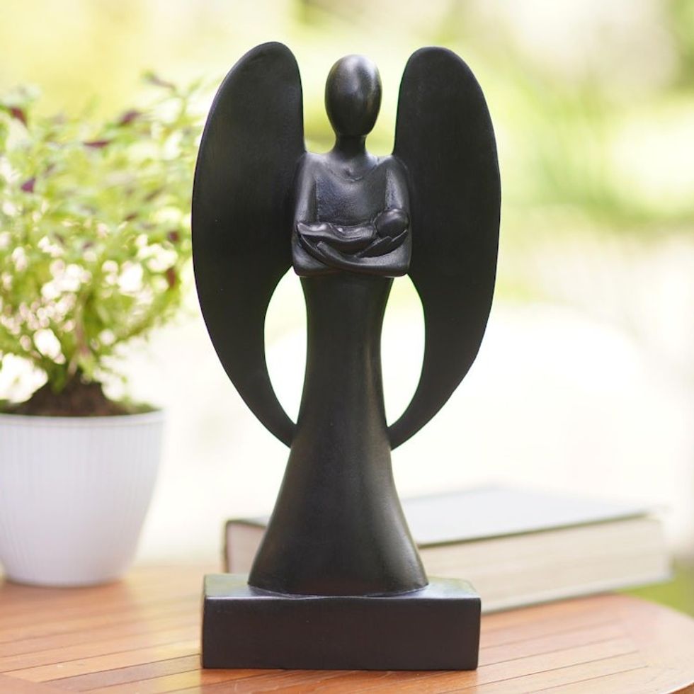 Suar Wood Guardian Angel Sculpture 'Baby's Angel'