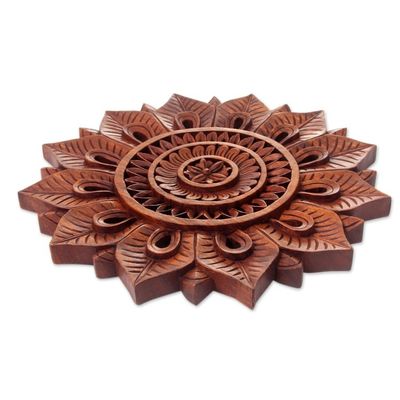 Alternate image for Floral Motif Artisan Hand Carved Wood Relief Panel Sunflower