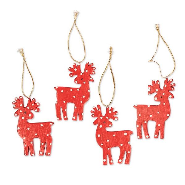 Alternate image for 4 Hand-Painted Red  White Wood Reindeer Christmas Ornaments Cheerful Polka Dot Reindeer