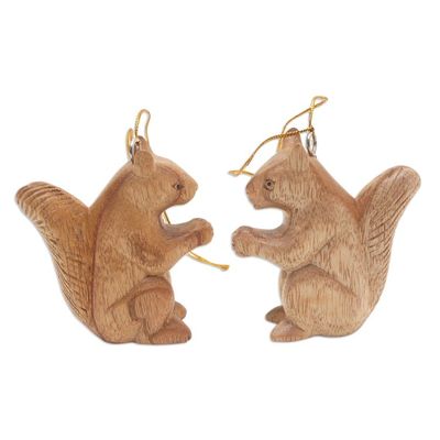 Alternate image for Pair of Wood Squirrel Ornaments Hand-Carved in Bali Wise Squirrels
