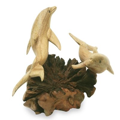 Alternate image for Artisan Hand Carved Wood Dolphin Sculpture Twin Dolphins