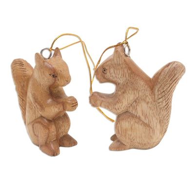 Alternate image for Pair of Wood Squirrel Ornaments Hand-Carved in Bali Wise Squirrels