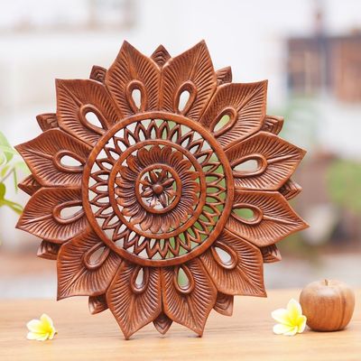 Alternate image for Floral Motif Artisan Hand Carved Wood Relief Panel Sunflower