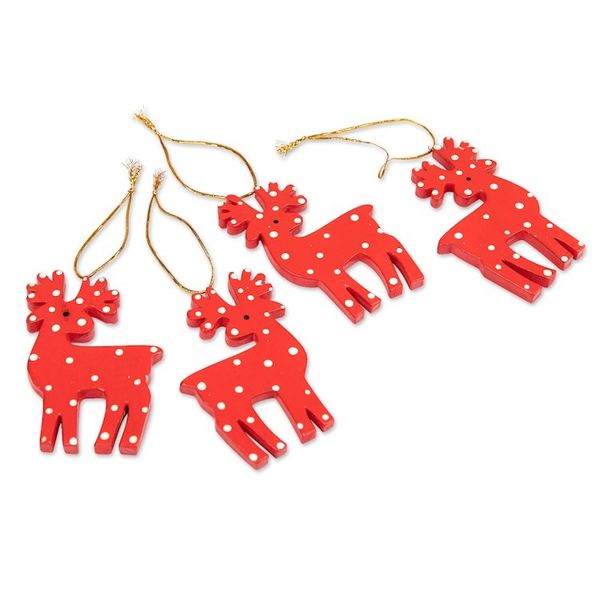 Alternate image for 4 Hand-Painted Red  White Wood Reindeer Christmas Ornaments Cheerful Polka Dot Reindeer