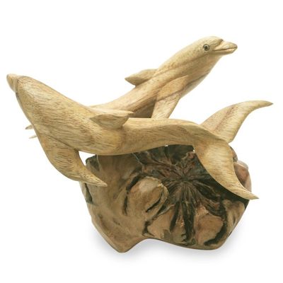 Alternate image for Artisan Hand Carved Wood Dolphin Sculpture Twin Dolphins