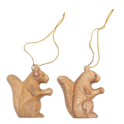 Alternate image for Pair of Wood Squirrel Ornaments Hand-Carved in Bali Wise Squirrels