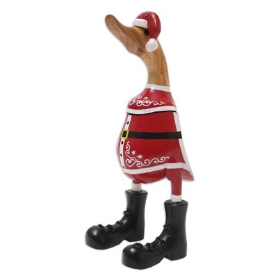 Alternate image for Hand-Crafted Bamboo Root and Teak Wood Santa Duck Figurine Noel Duck