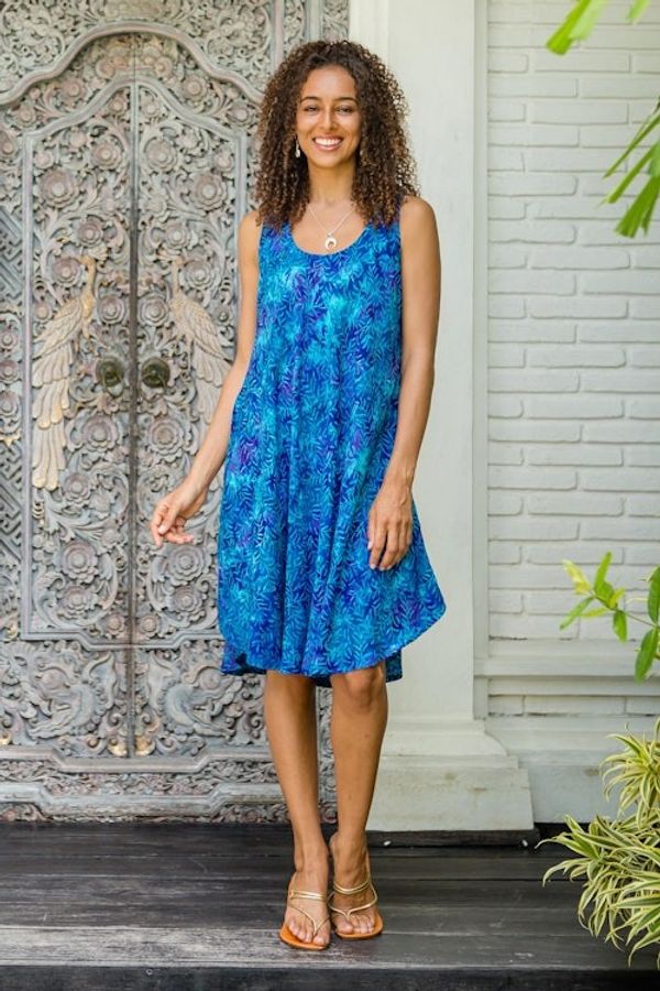 Alternate image for Blue Tie-Dyed Batik Leafy Grove Rayon Sleeveless Tunic Leafy Grove
