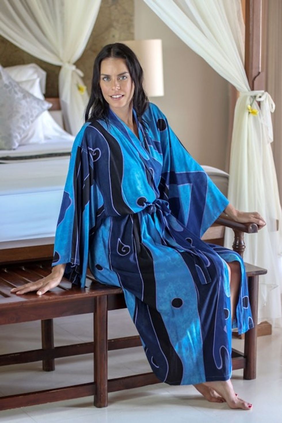 Women's Unique Batik Robe from Indonesia 'Tropical Sea'