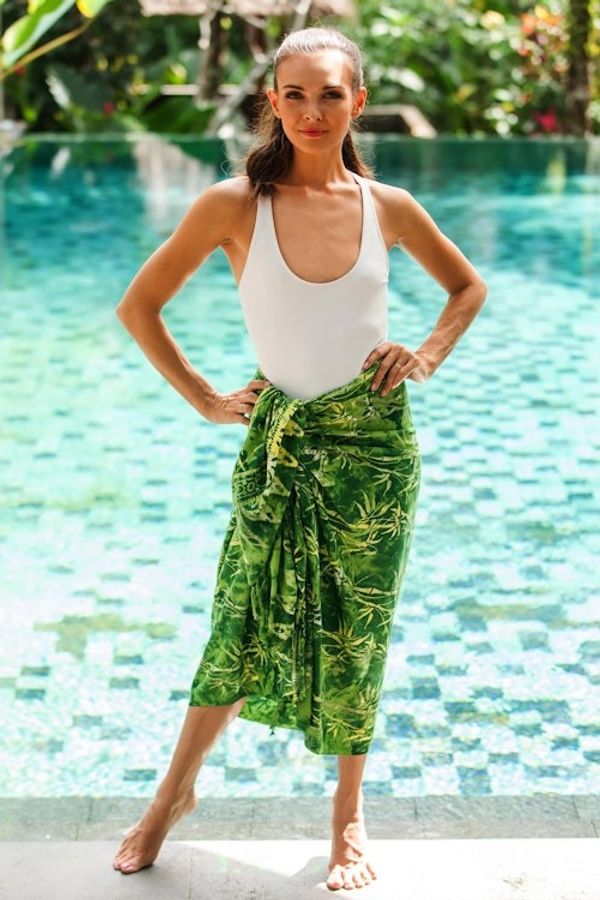 Alternate image for Leaf Motif Batik Rayon Sarong in Green from Bali Dawning Mystery in Green